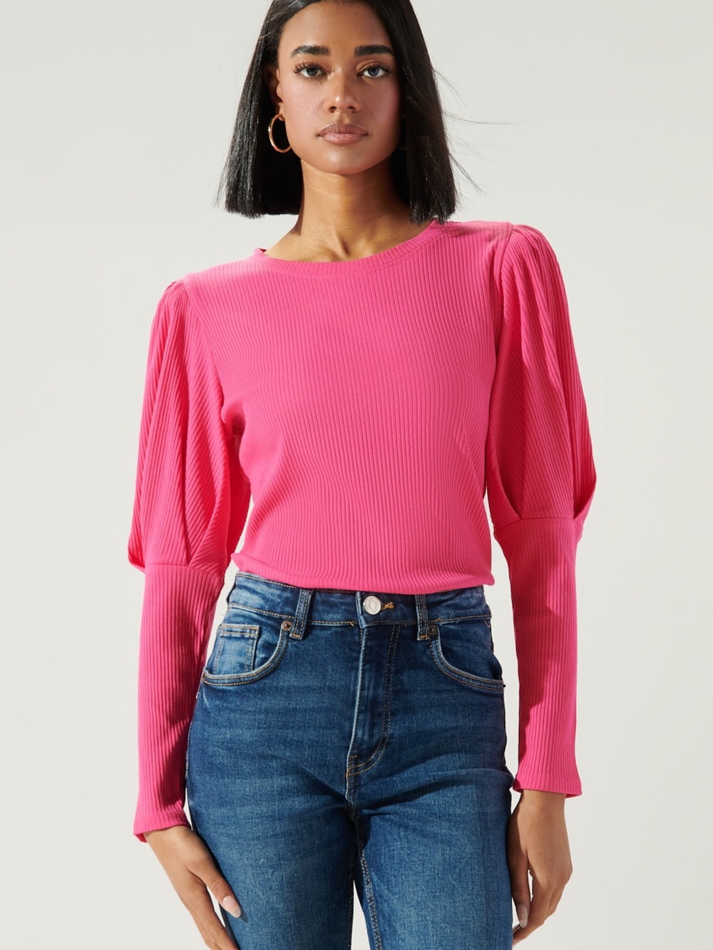 SugarLips Reverie Ribbed Knit Mutton Sleeve Top Fuchsia Size S